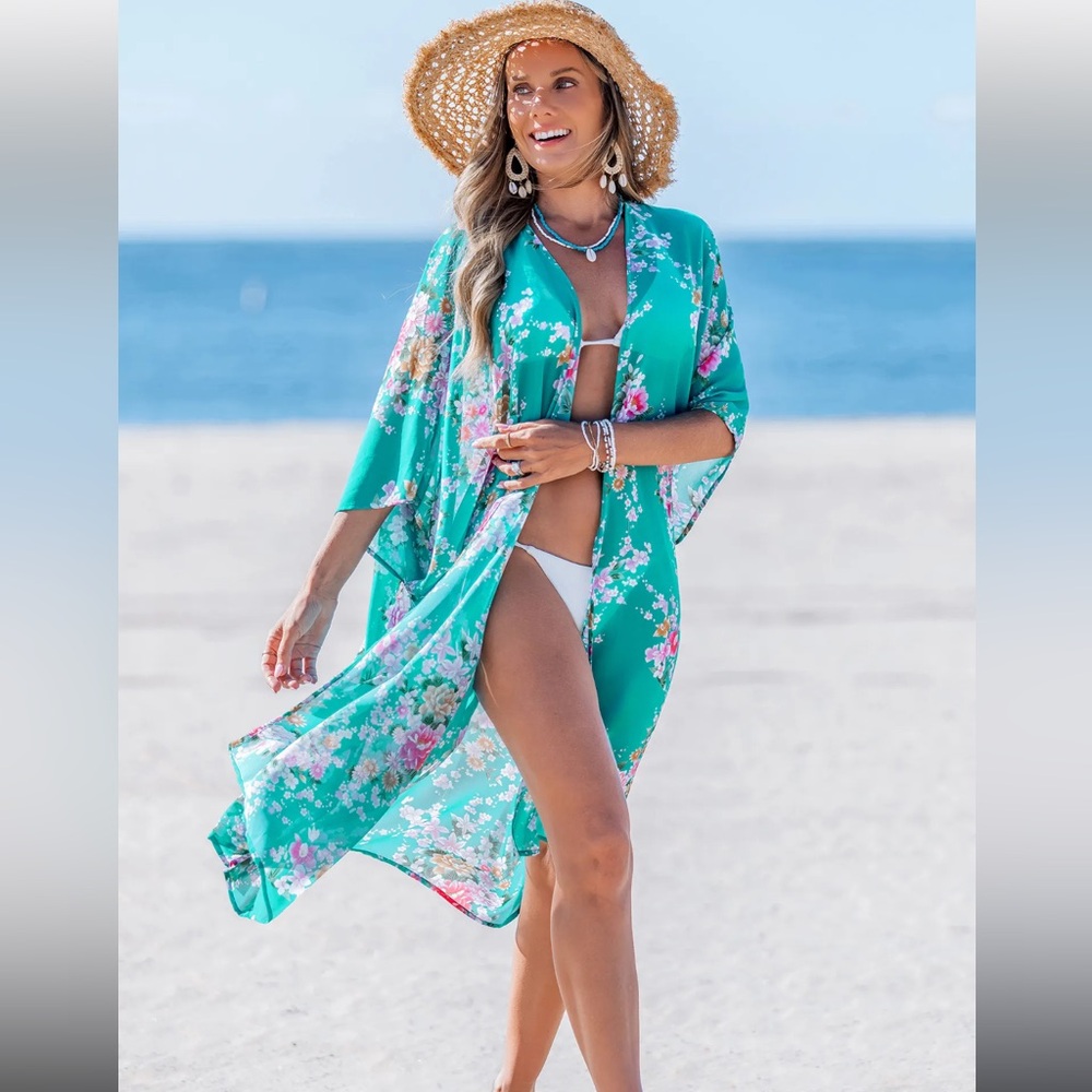 Cupshe Teal Floral Swim Cover-Up